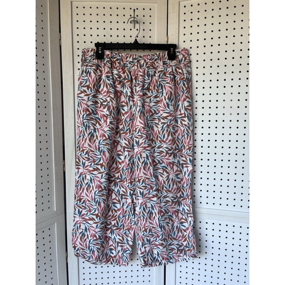 Lands' End Floral Leaf 100% Linen Capri Pants Women's 14P Mid Rise Wide Leg